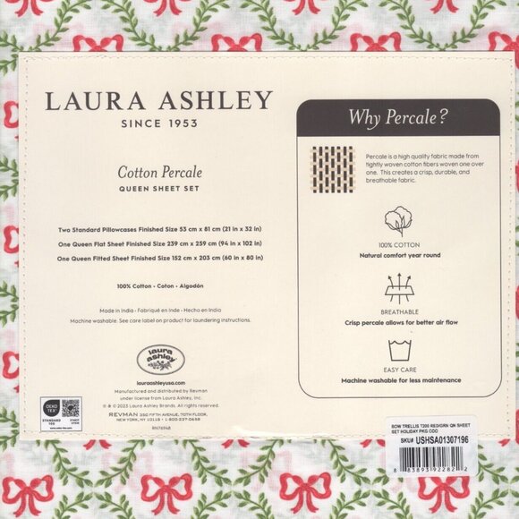 Laura Ashley Christmas BOWS & TRELLIS Cotton Sheet Set - QUEEN Size Set - Picture 2 of 3